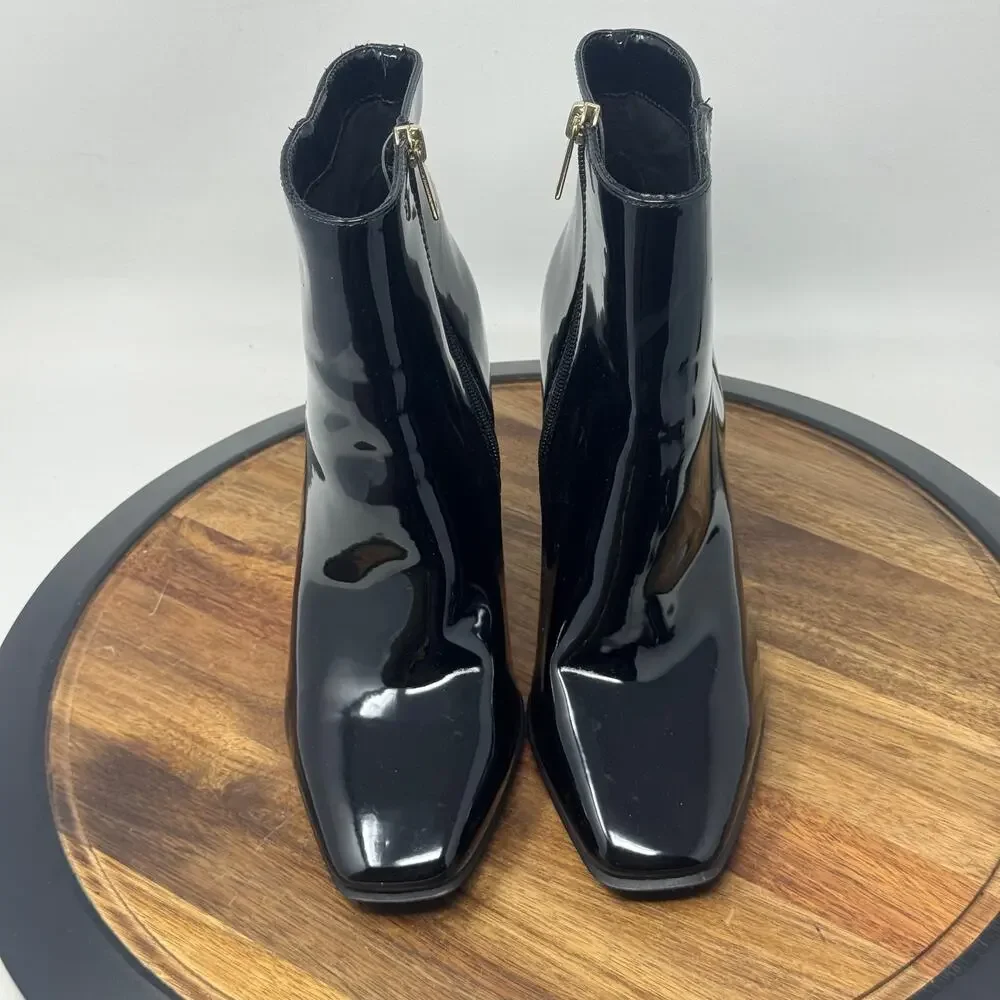 JLO Jennifer Lopez Mid Calf Ankle Black Patent Faux Leather Boots Shoes Size 9 - Picture 8 of 10